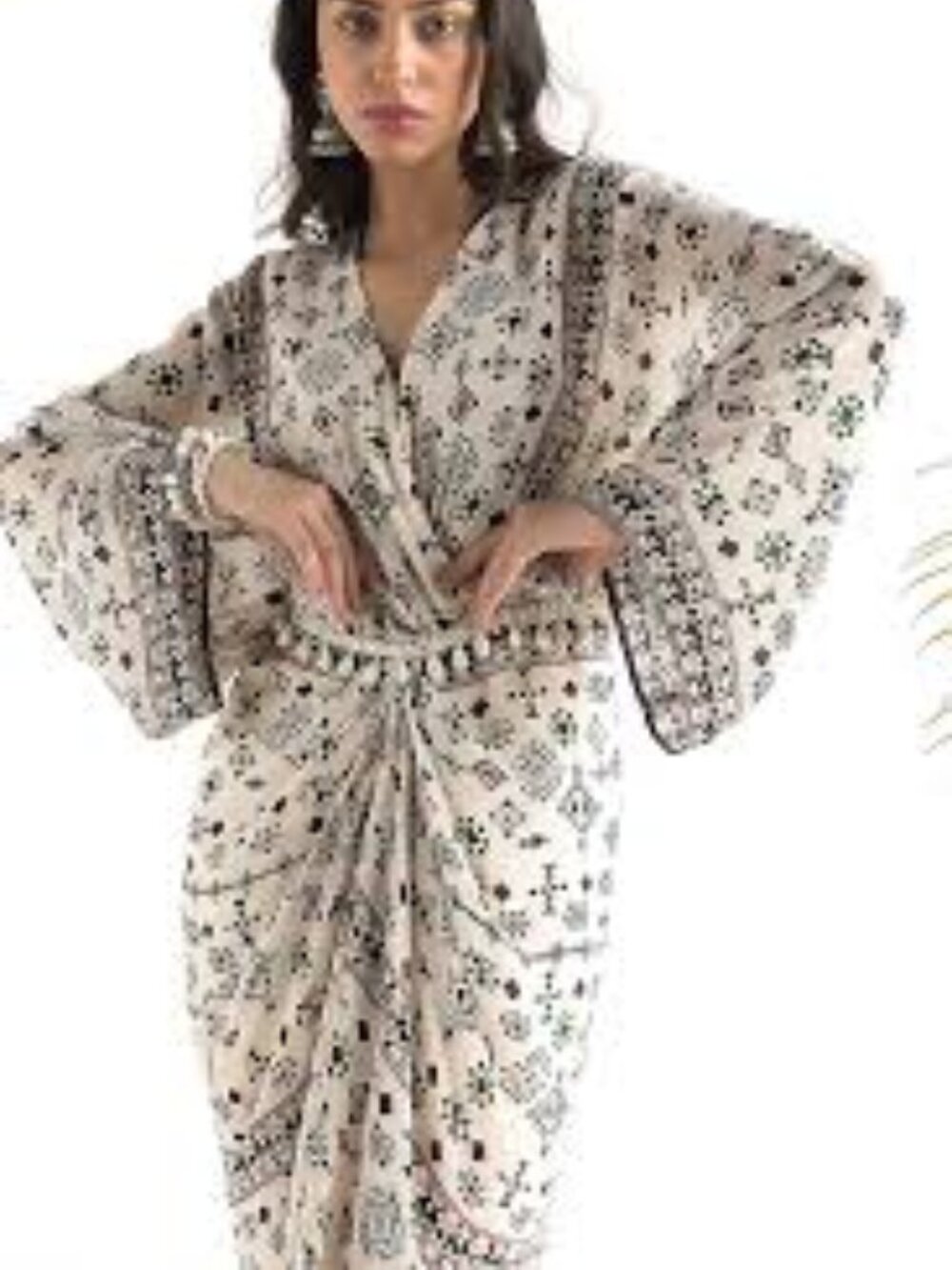 NWT Chhavvi Aggarwal Ivory Draped & Printed Kaftan Dress 3X